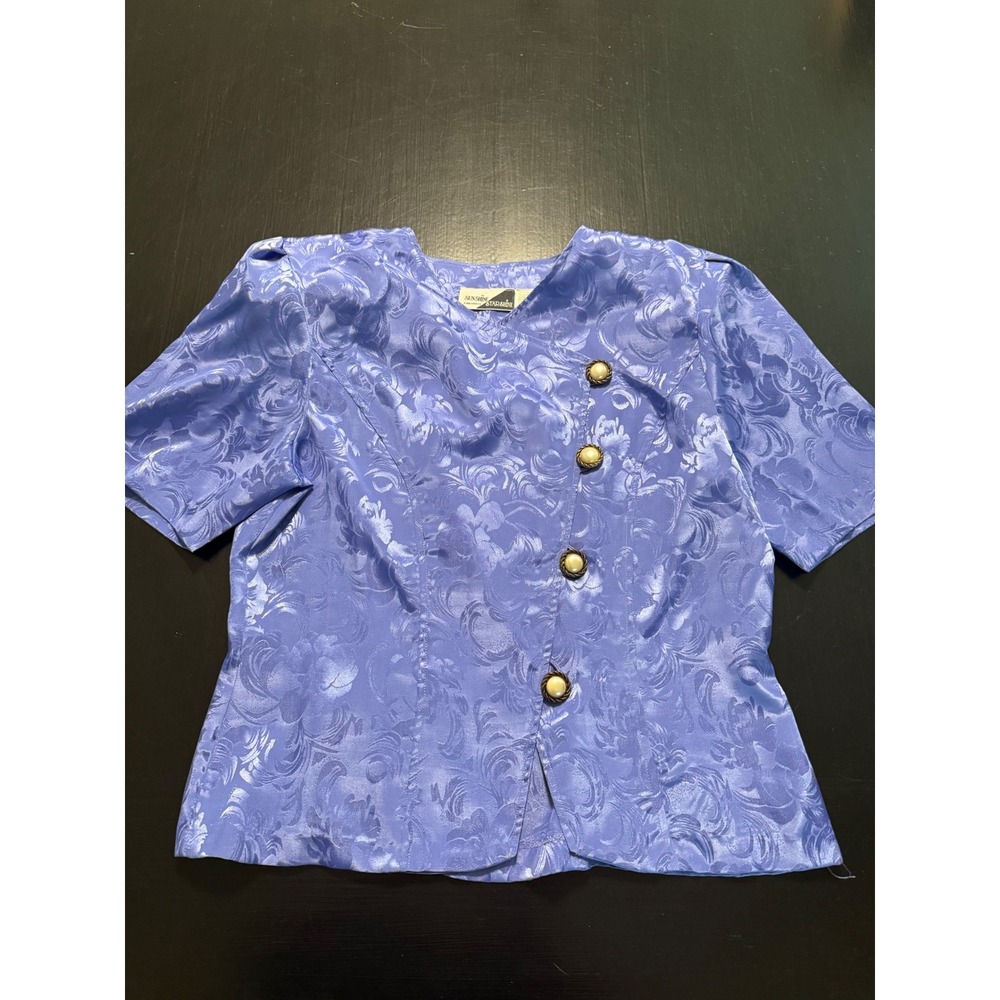 Sunshine Starshine Vintage Blue Jacquard Floral Blouse Faux Pearl Buttons Sz 12